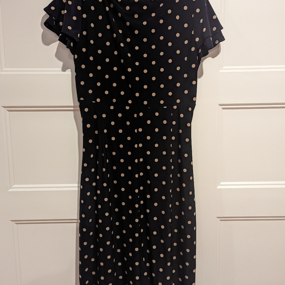 Ralph Lauren, size 12 navy and beige dress, with gathering and flutter sleeves